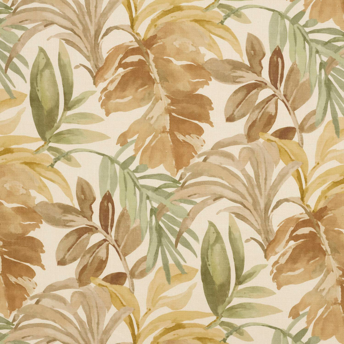 iLiv Tropique Ochre contemporary fabric in rich golden tones, featuring a stylish leaf design on a linen mix base cloth.