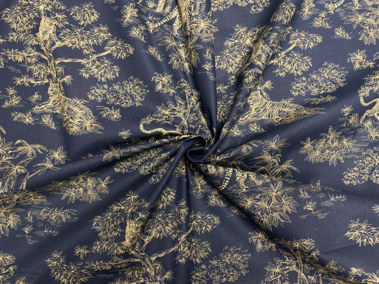 H354 Tiger Toile Cotton Navy Gold
