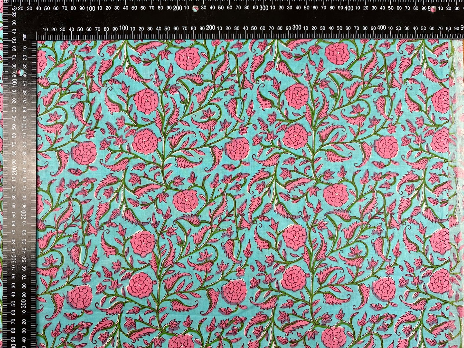 H403 Delhi Flower Block Print Turquoise Pink