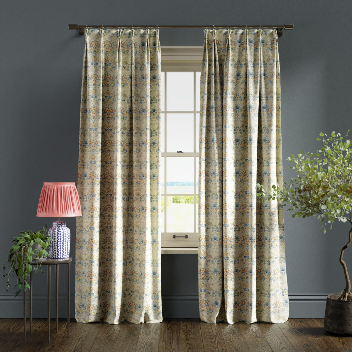 Clarke & Clarke Strawberry Thief Linen background with Plum detail