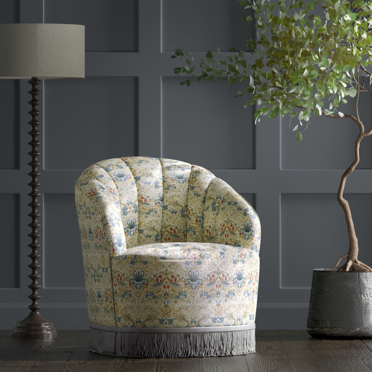 Clarke & Clarke Strawberry Thief Linen background with Plum detail