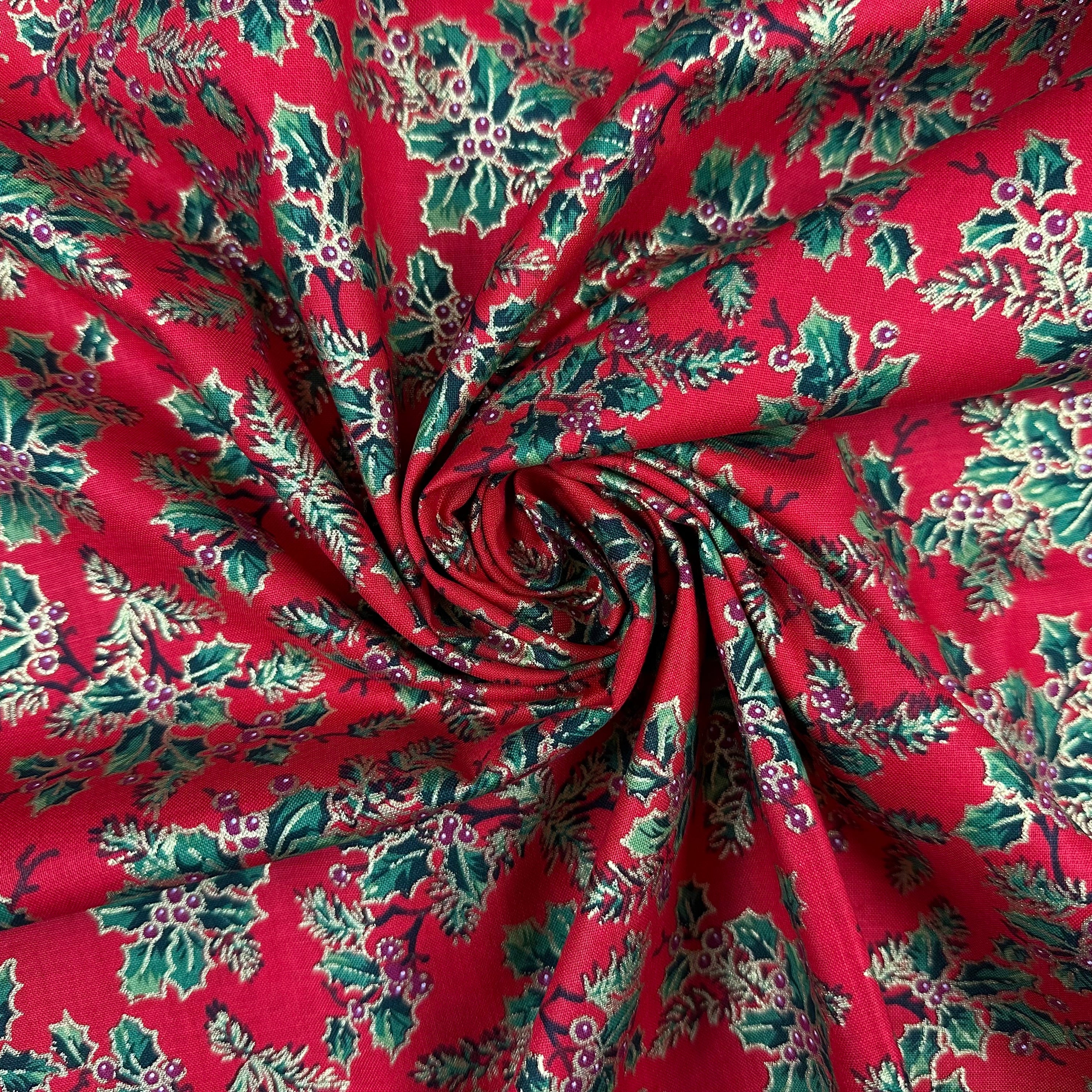 C829 Holly Bush Metallic Red fabric gathered 