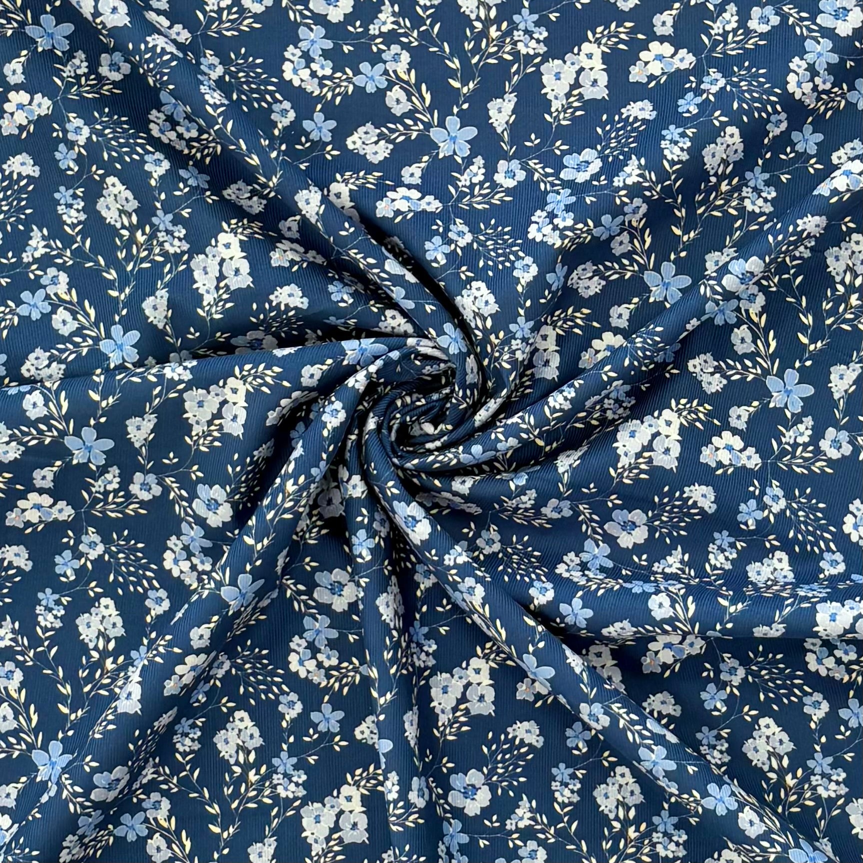 C858 Dainty Trailing Floral Needlecord Blue Fabric Gathered