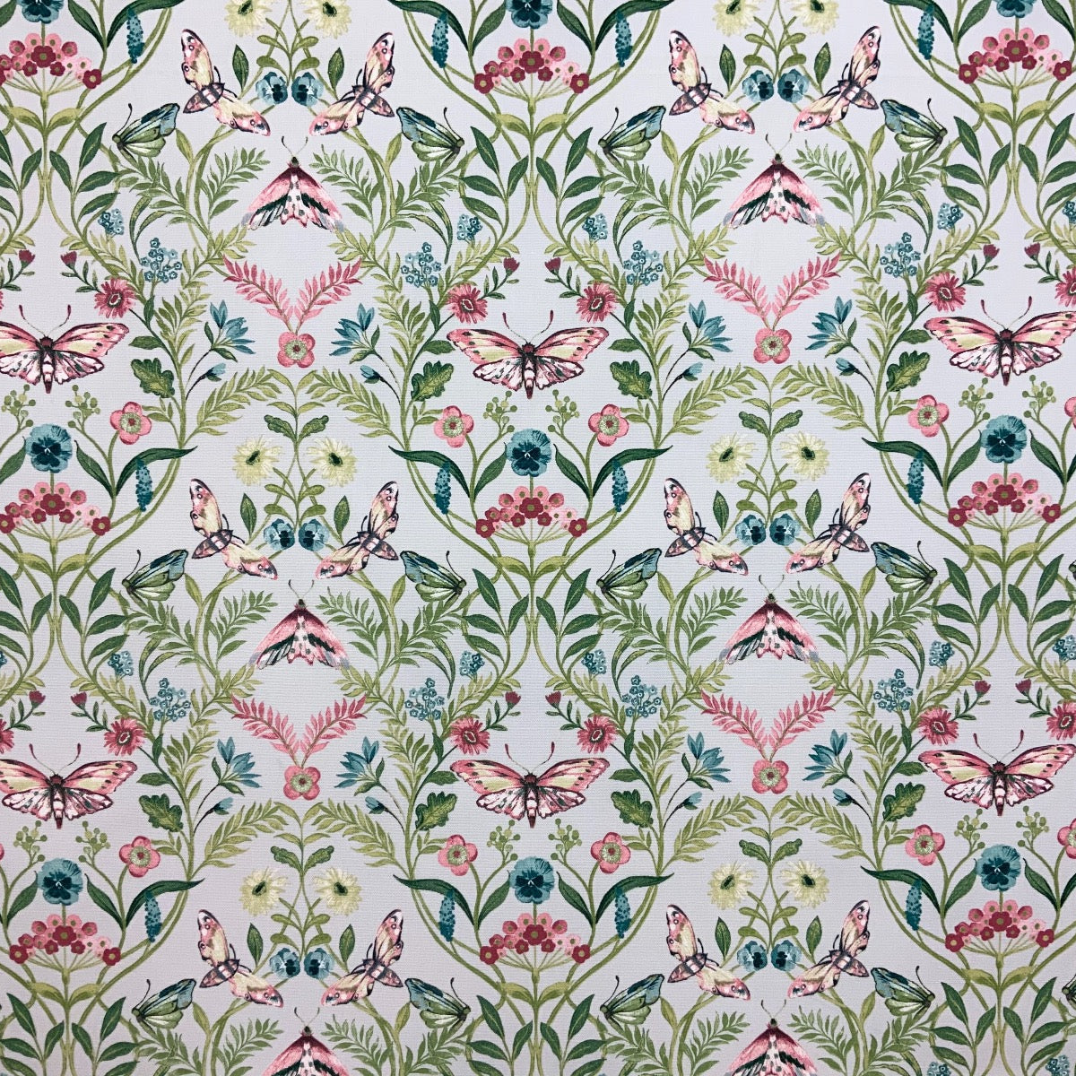 Clarke & Clarke Pieris Smoke floral cotton curtain fabric with butterflies.