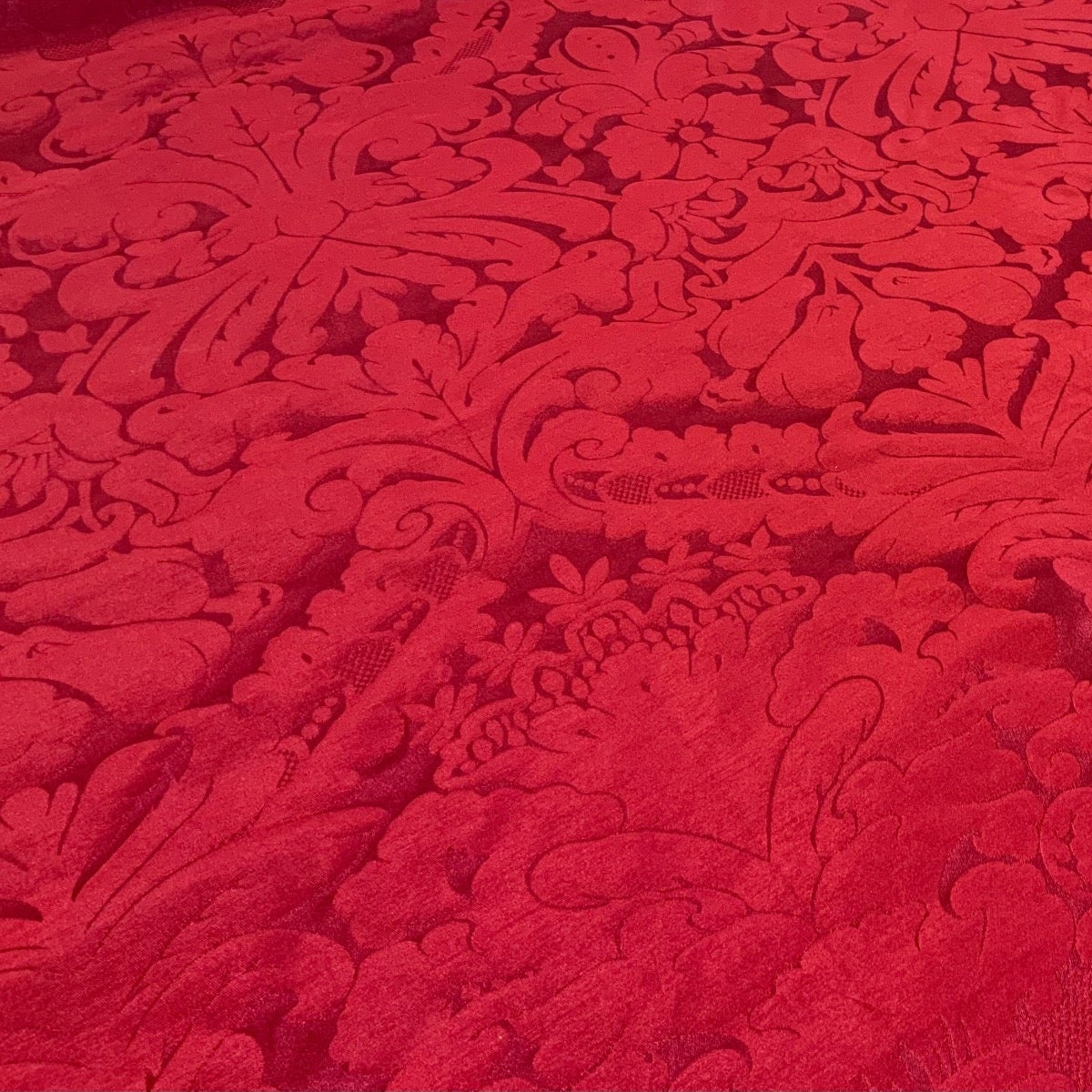 Faux Silk Damask Red fabric Close up