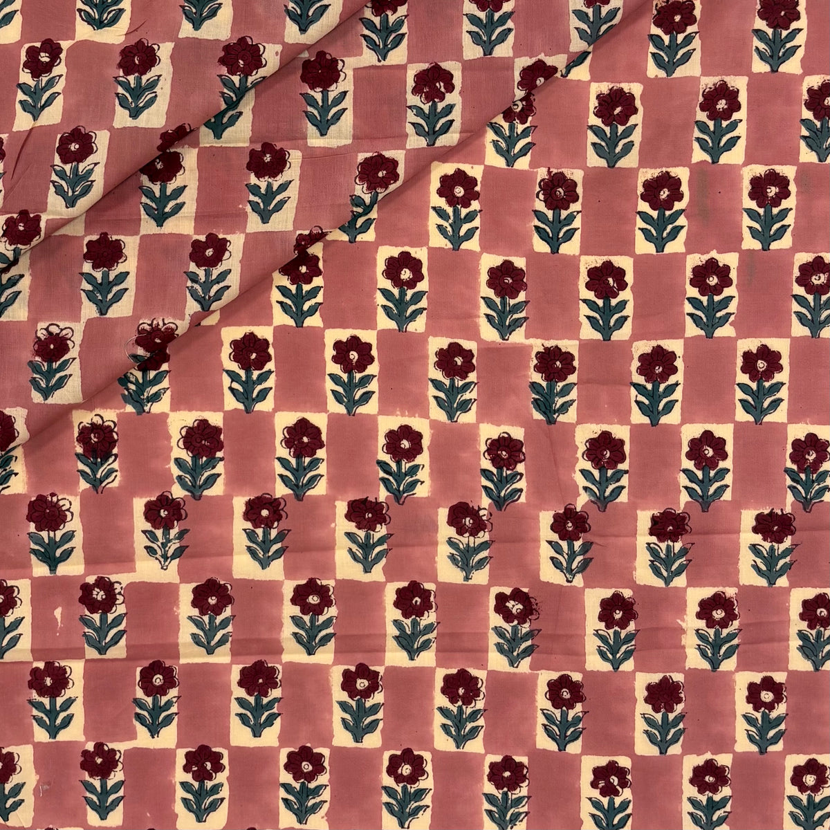 Floral Chess Block Print Cotton Fabric, folded, lightweight soft cotton with a traditional handcrafted Indian floral pattern