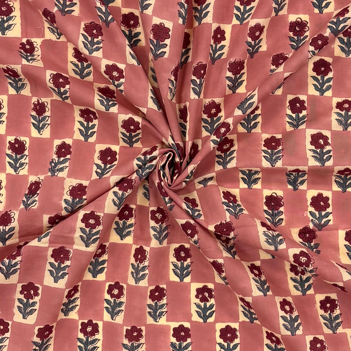 Floral Chess Block Print Cotton Fabric, gathered, lightweight soft cotton with a traditional handcrafted Indian floral pattern