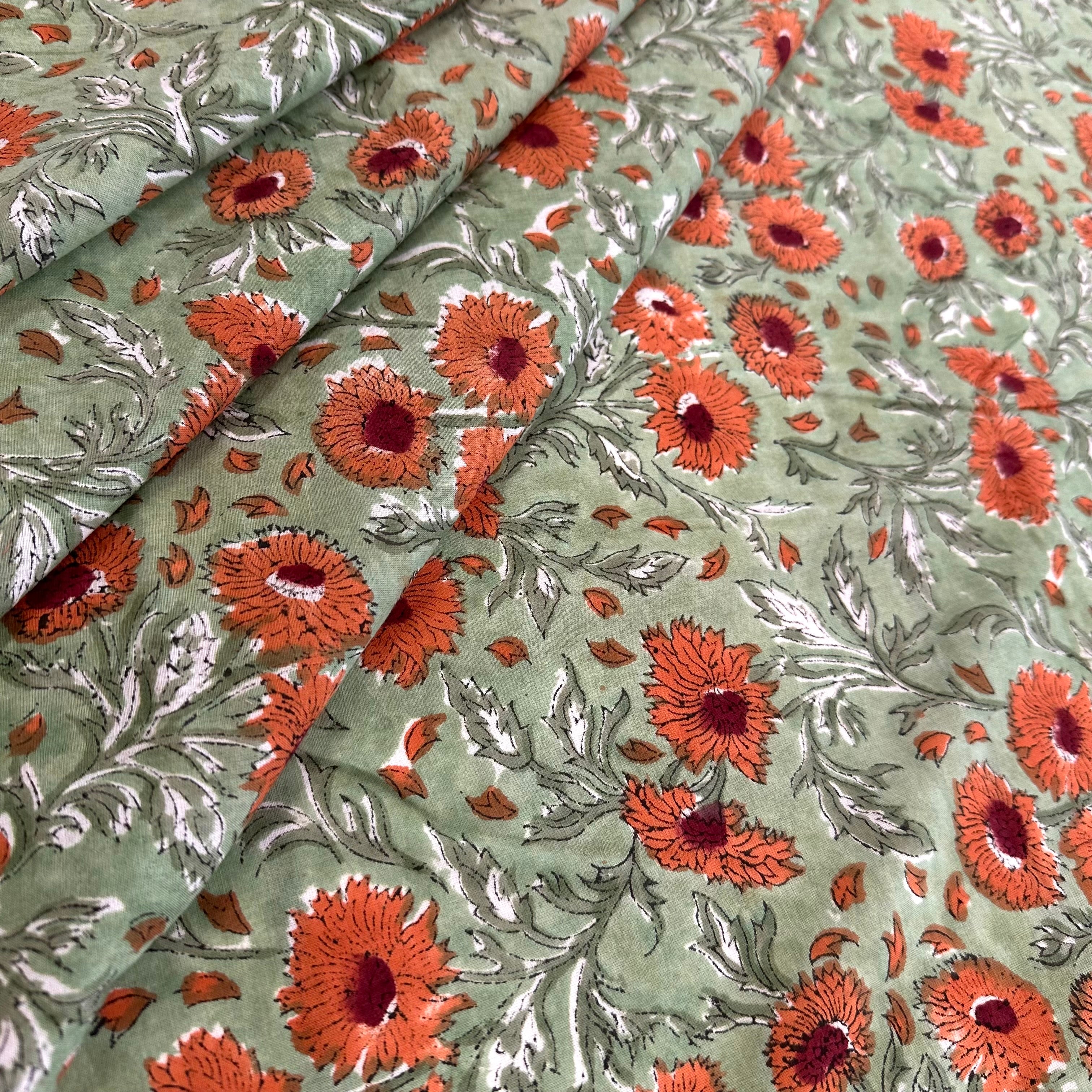 Marigold Petals Floral Block Print Green Tex Ex 2993