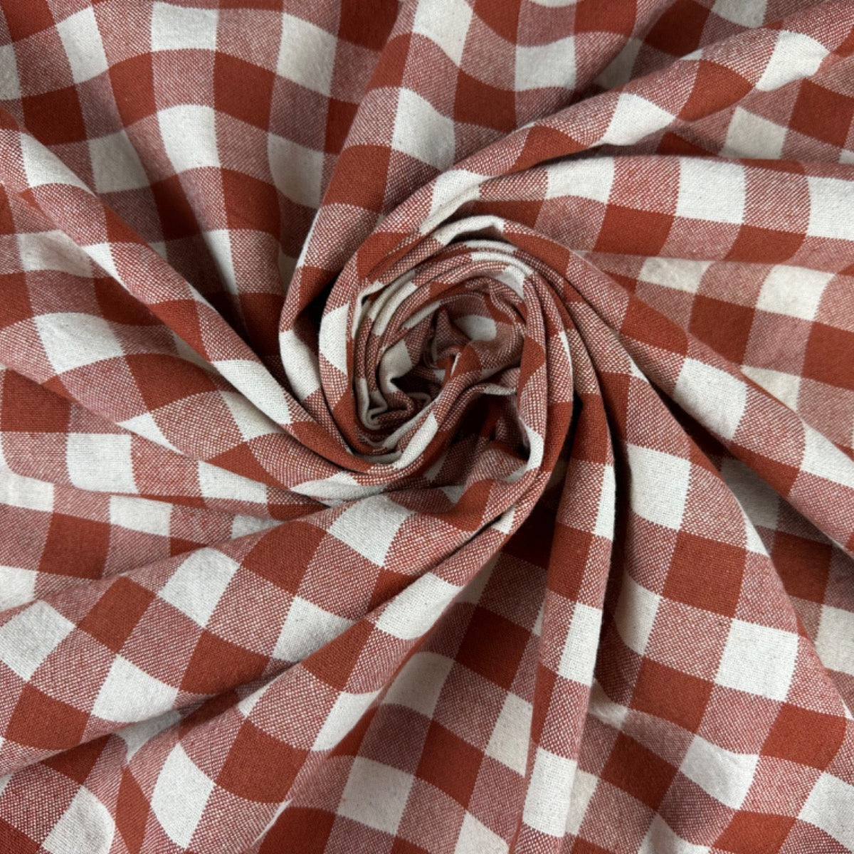 H356 Rustic Chunky Gingham Rust Fabric Gathered