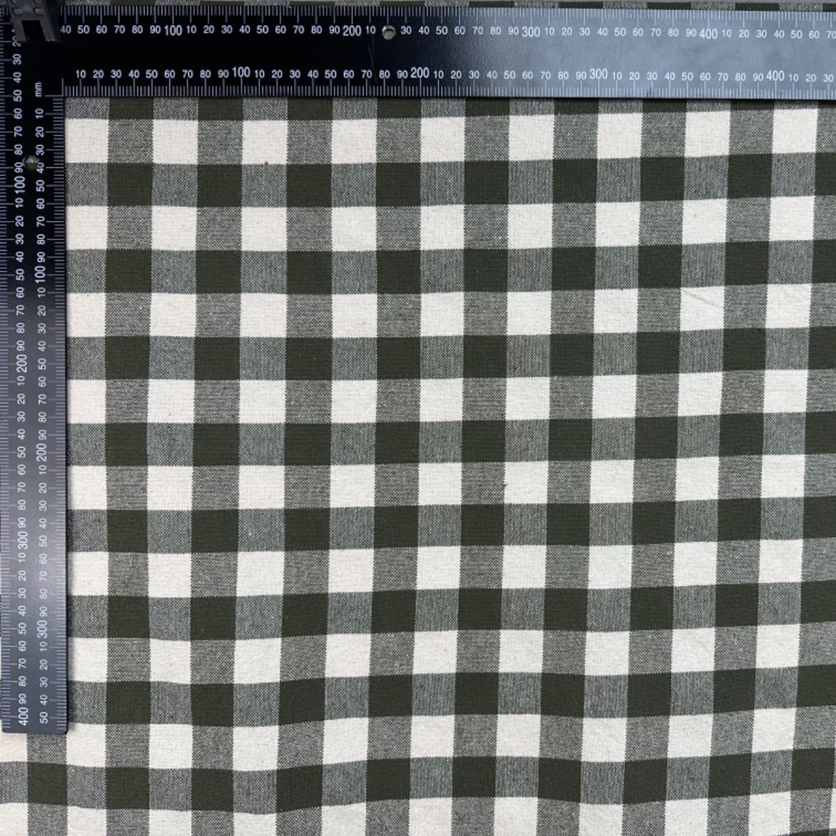 H358 Rustic Chunky Gingham Khaki Fabric With Ruler For Scale