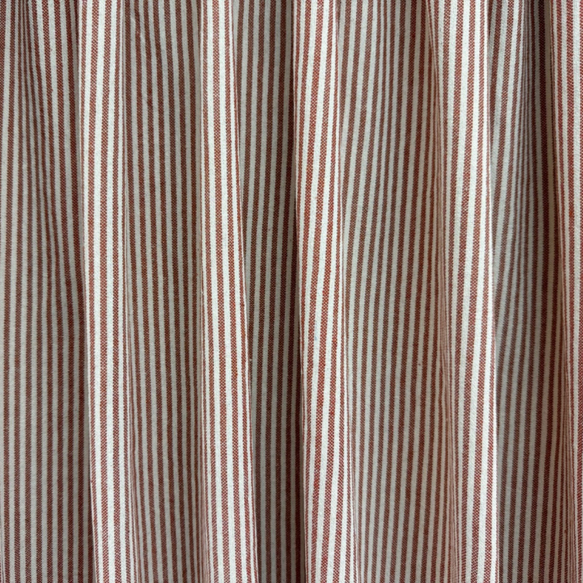 H362 Rustic Pierre Stripe Rust Fabric Gathered As Curtain
