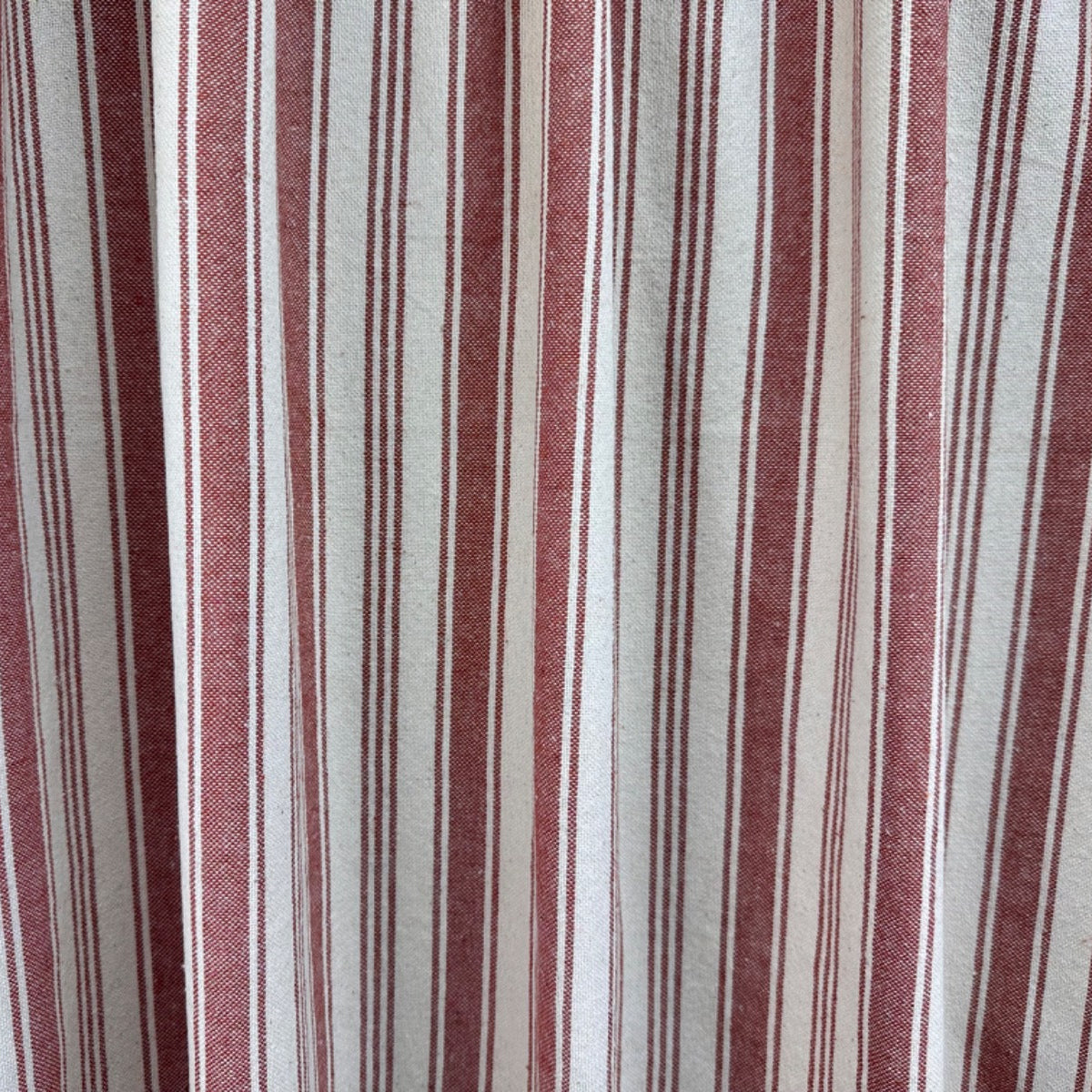 H364 Raphael Rustic Stripe Rust Fabric Gathered As Curtain
