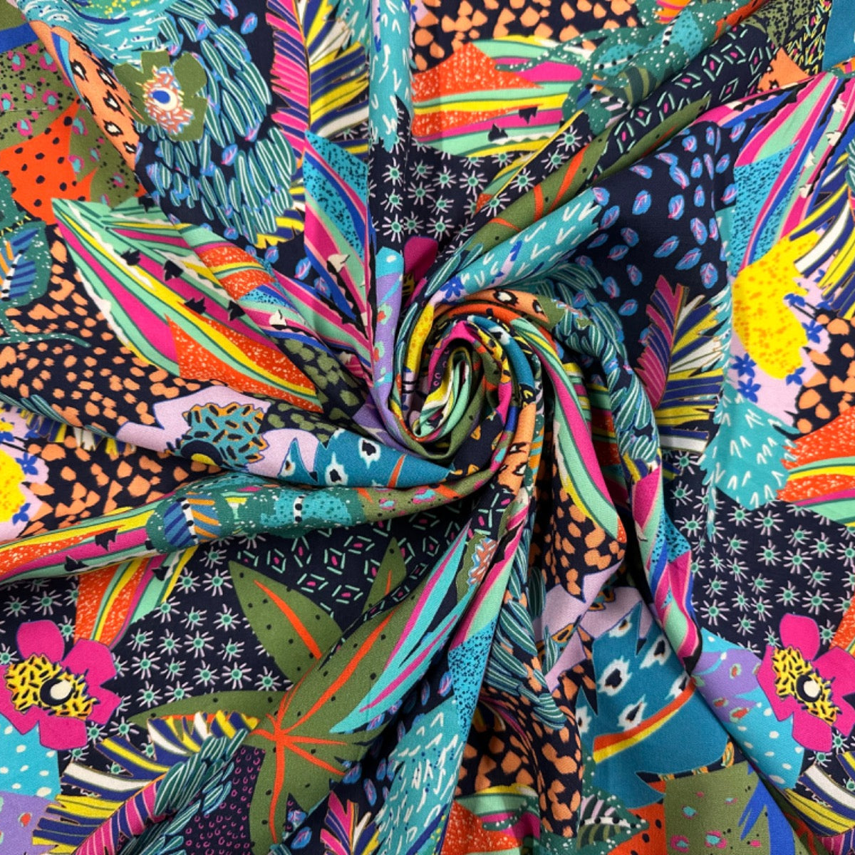 H369 90’s Jungle Viscose Multi dress fabric gathered