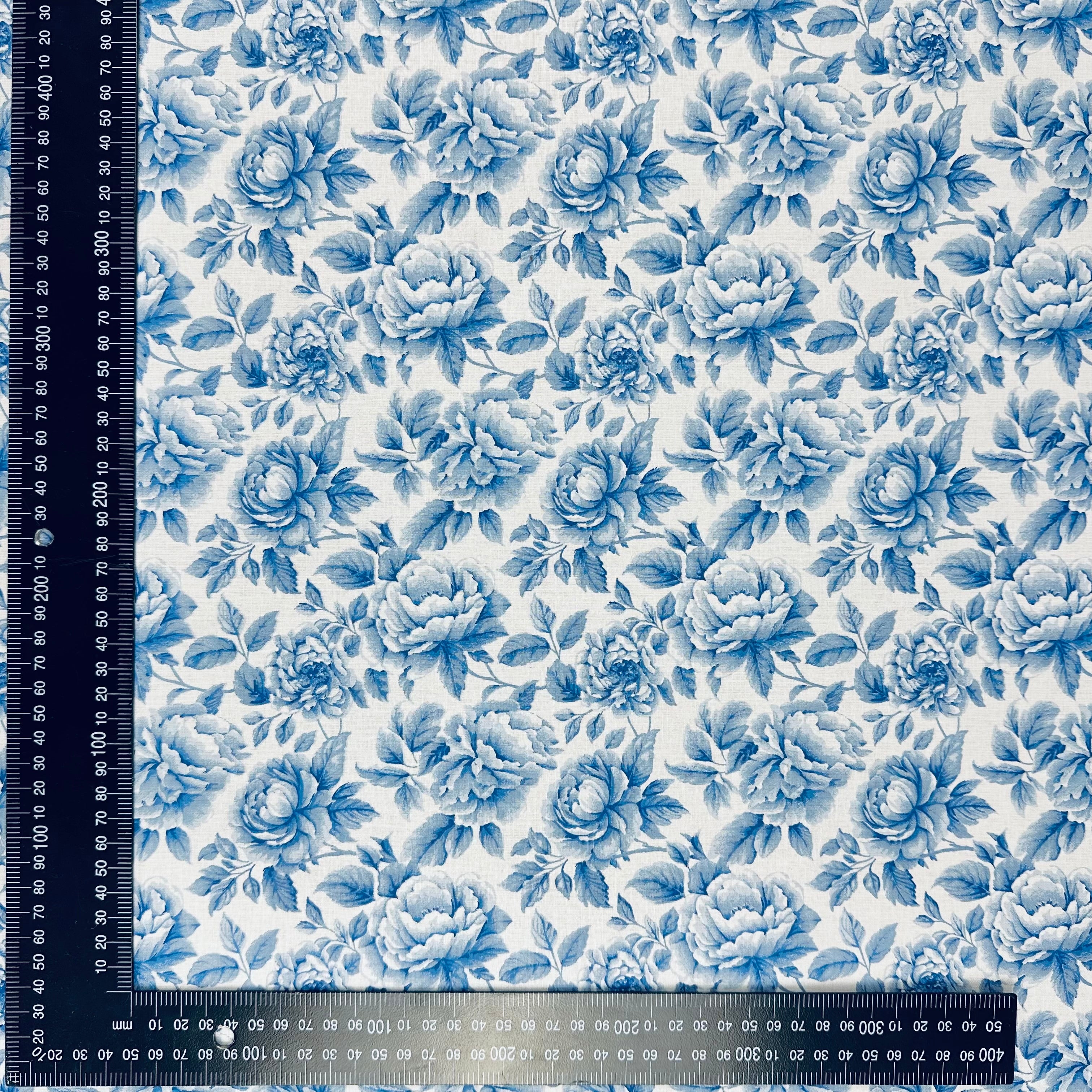 H429 Roses Vintage Cotton Blue With ruler for scale