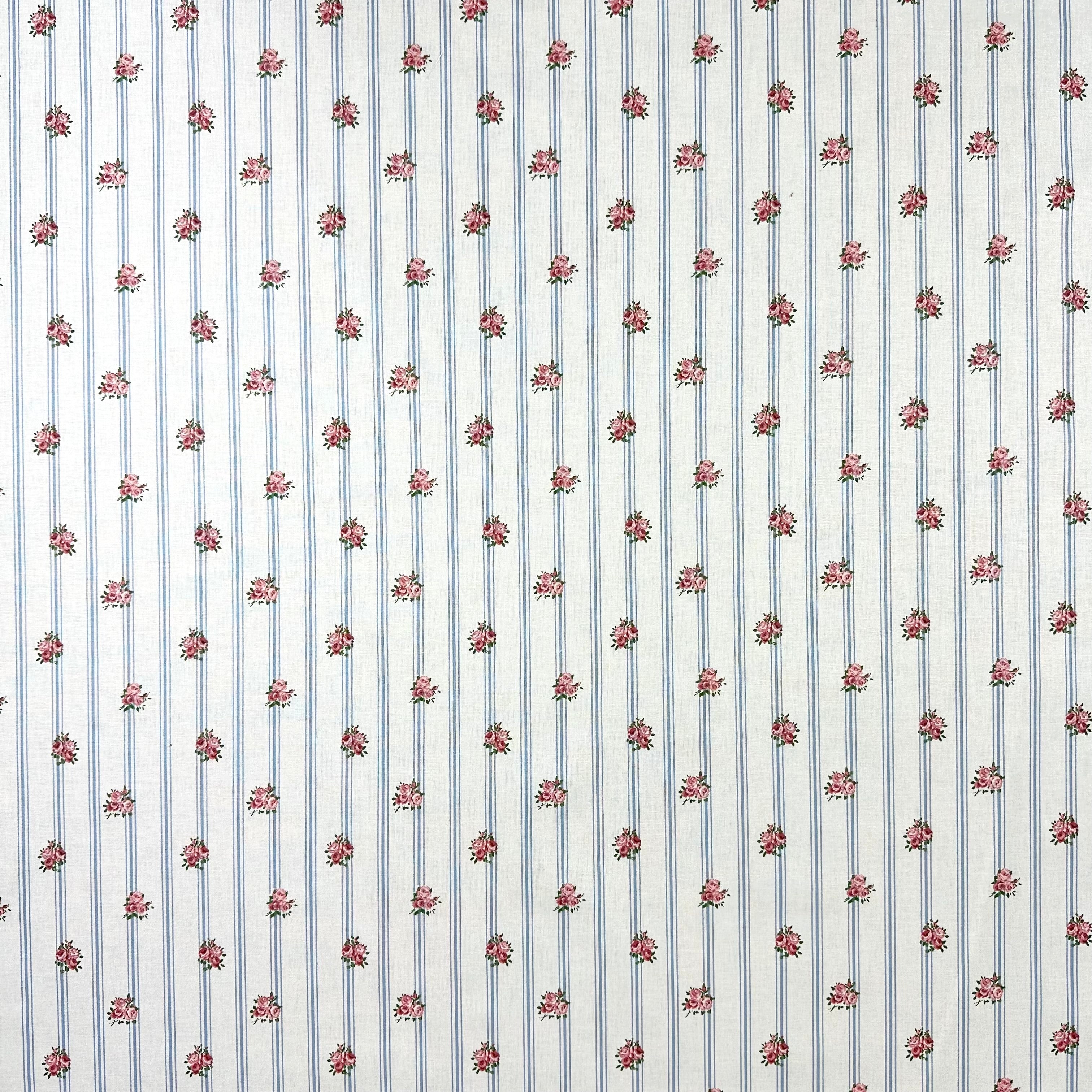H430 Vintage Roses Stripe Cotton Blue Pink Fabric