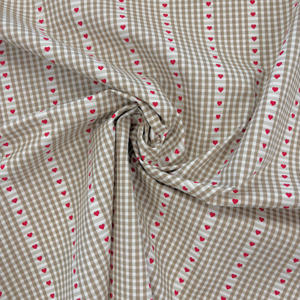 H446 Heart Gingham Printed Cotton Natural Fabric