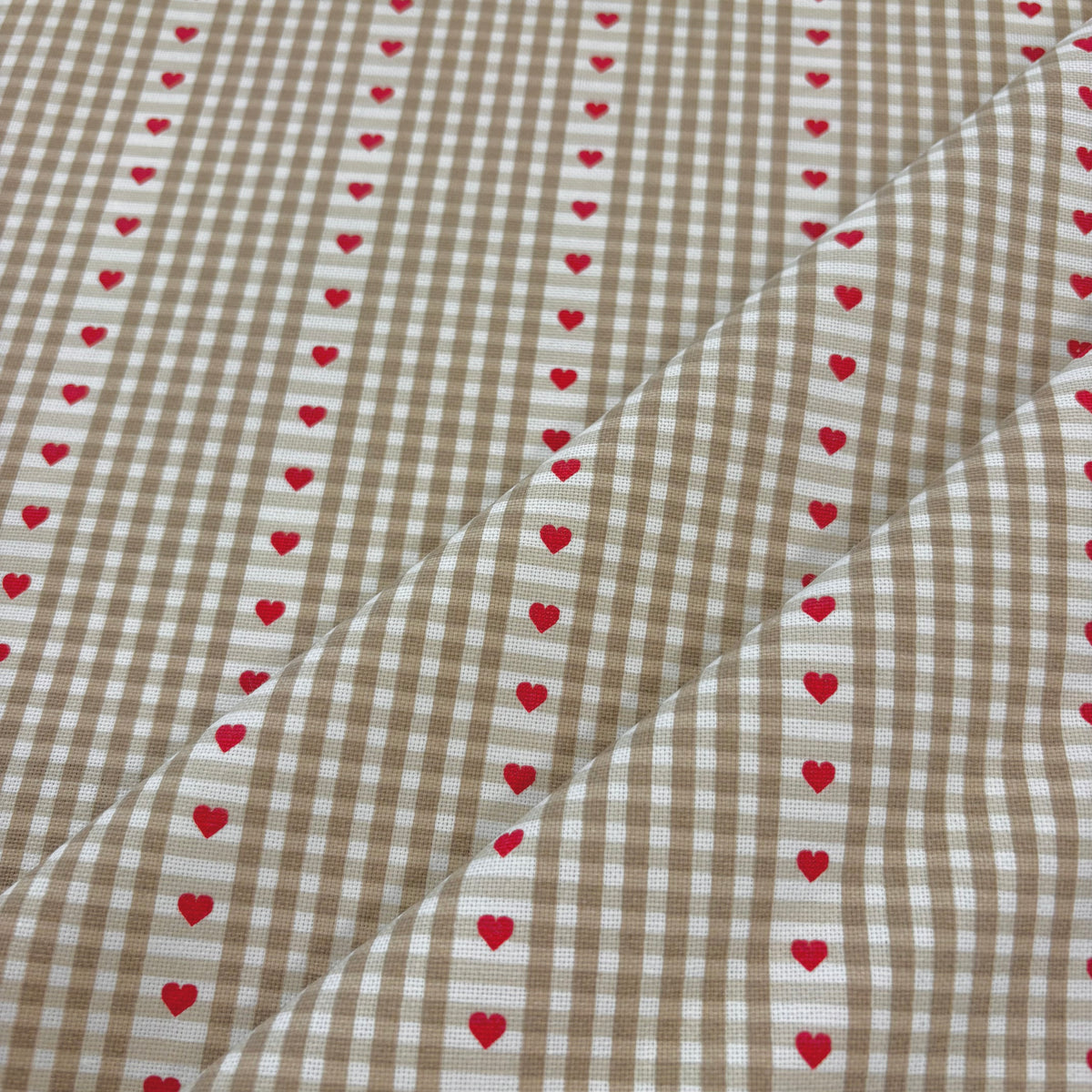 H446 Heart Gingham Printed Cotton Natural Fabric Folded