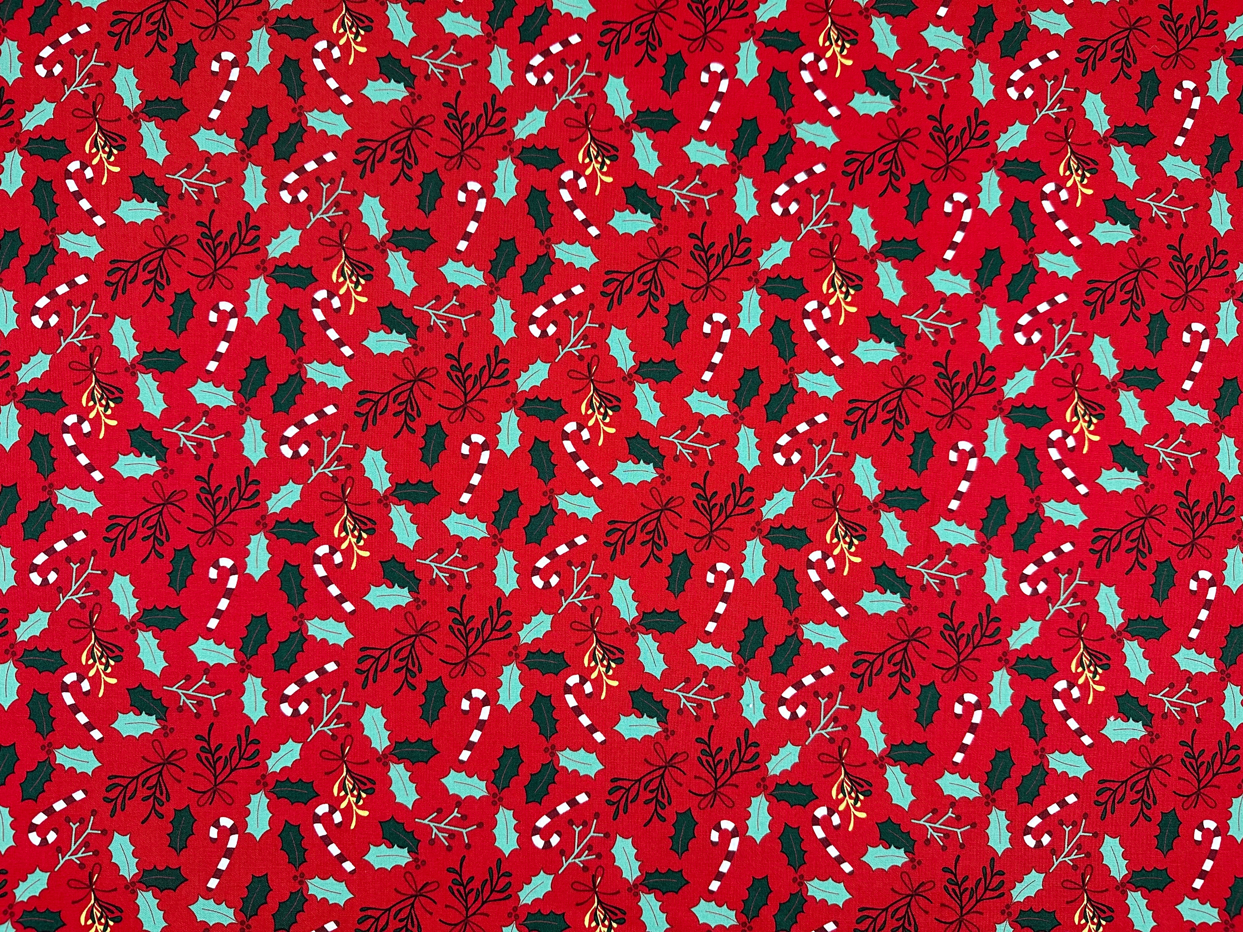 I526 Candy cane and holly fabric flat