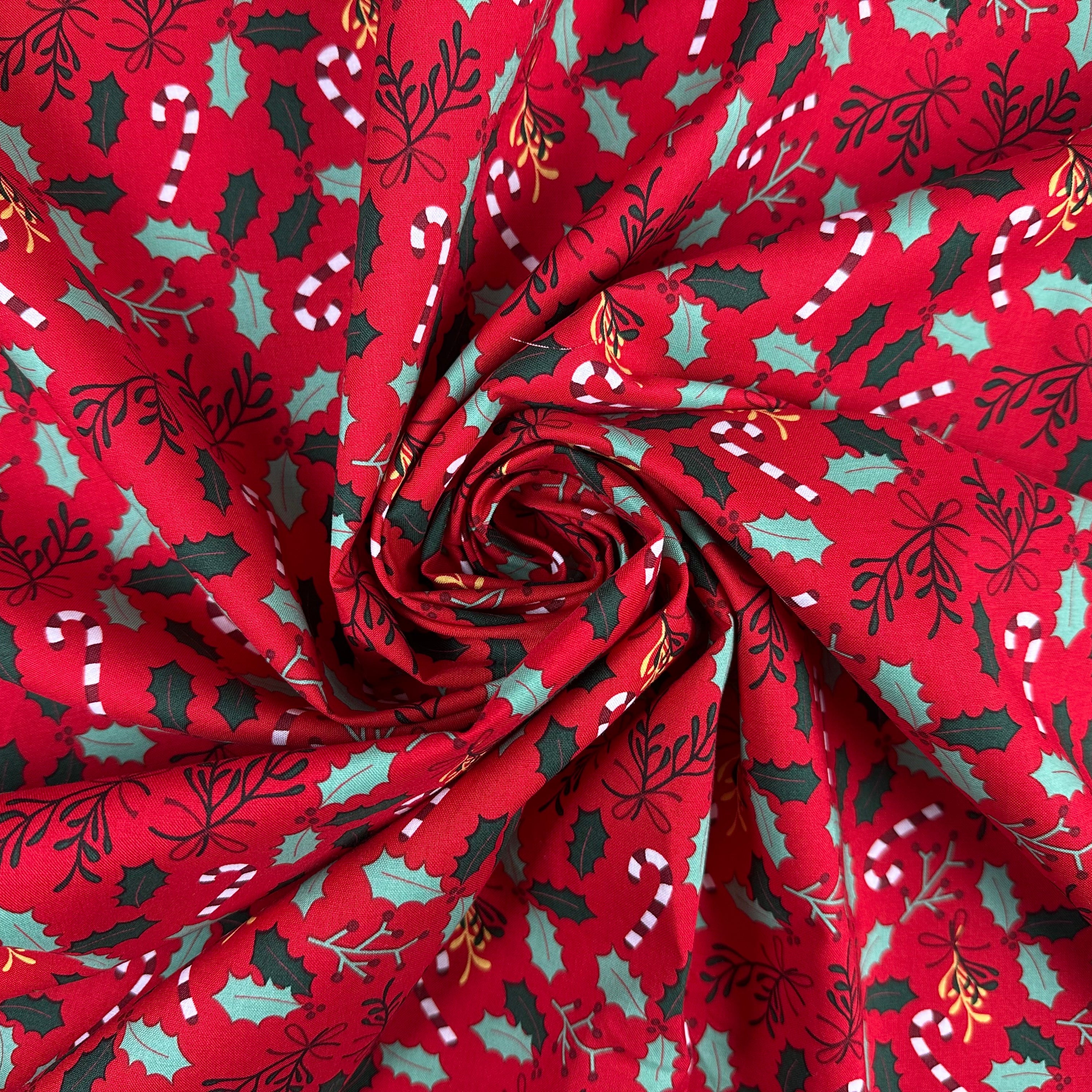 I526 Candy cane and holly fabric gathered