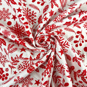 I527 Wintery foliage white red with gold speckles fabric gathered