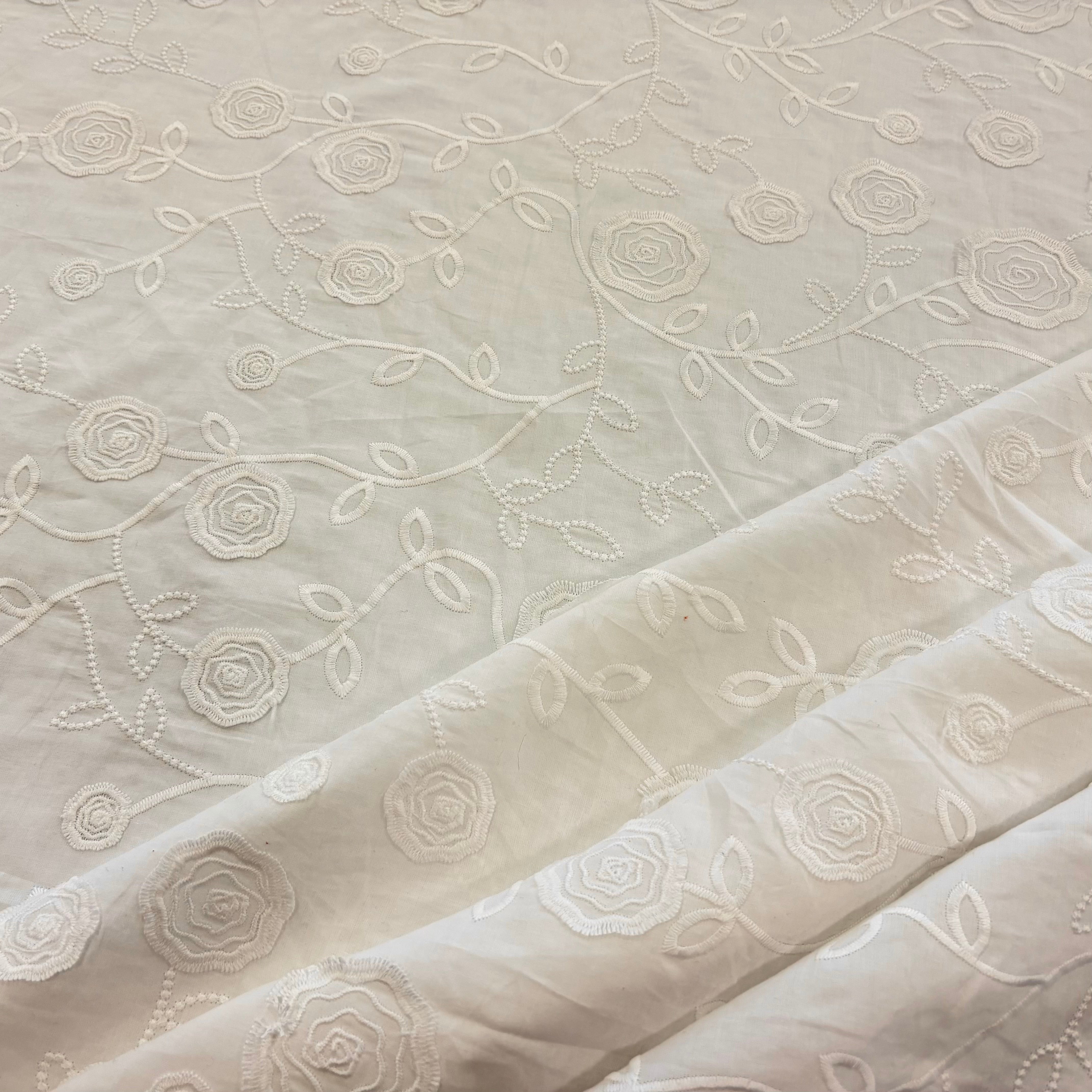 Rose embroidered cotton voile ivory T570