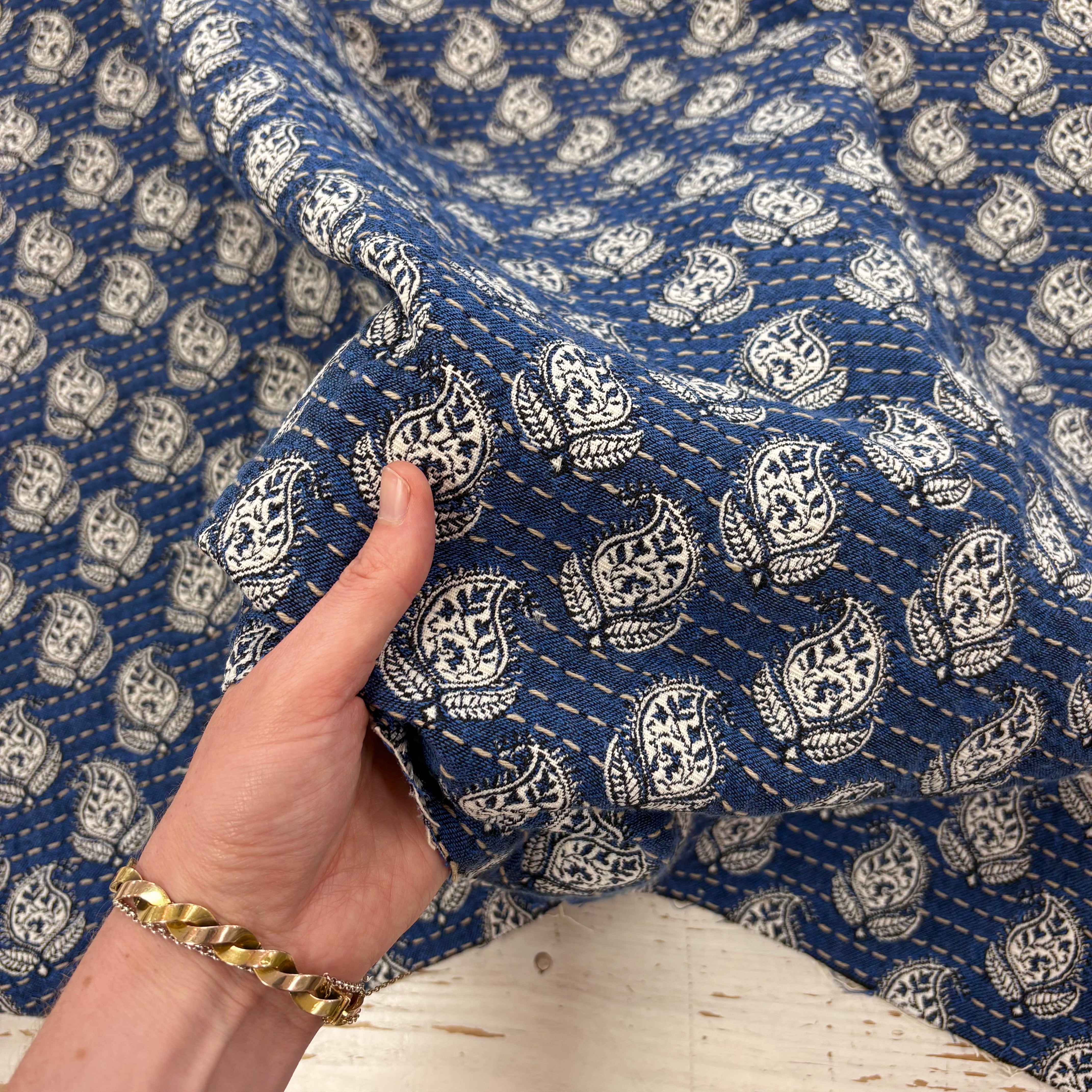 Paisley Stitch Reversible Textured Weave Denim Blue H436