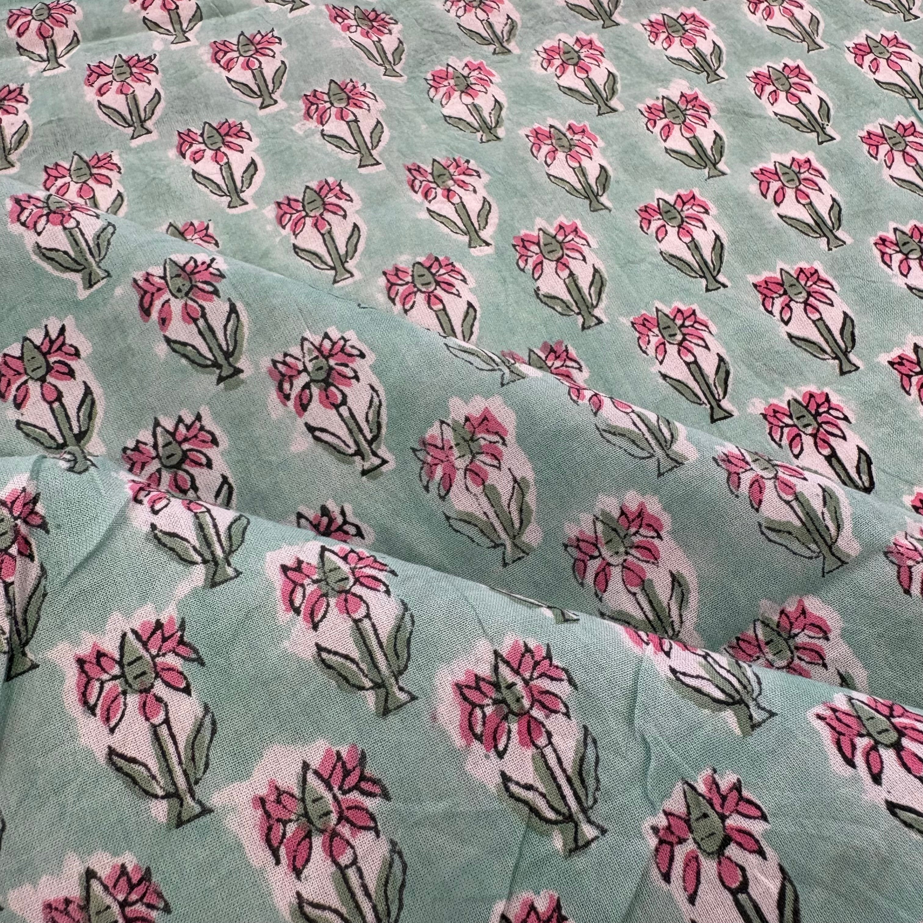 Lotus Motif Floral Block Print Mint Tex Ex 3022