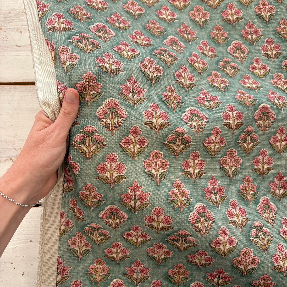 K49 Floral Block Print Style Linen Look Aqua