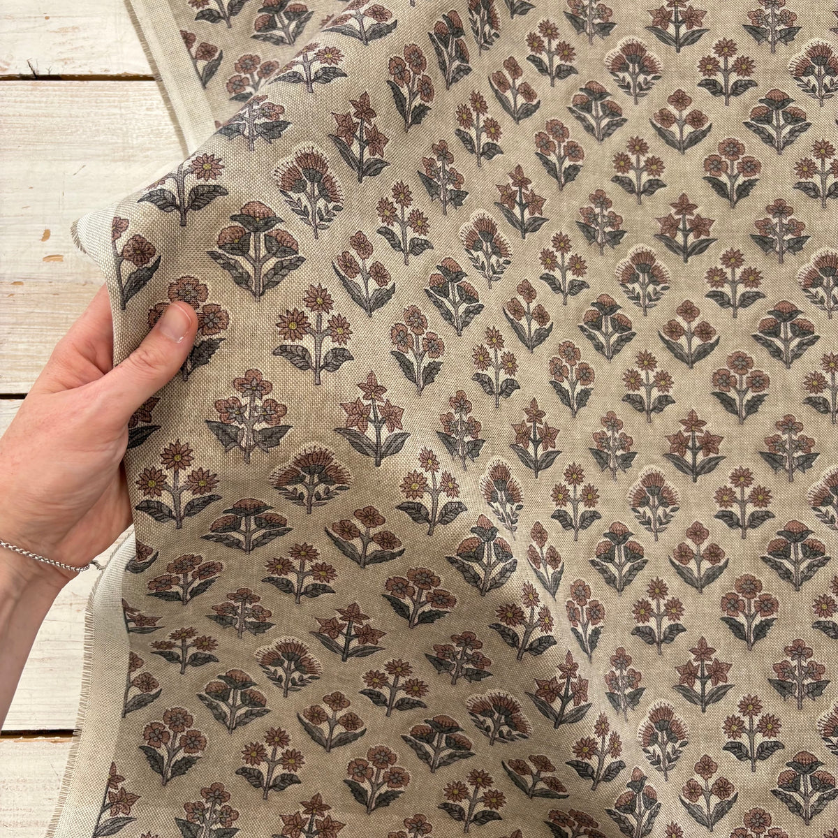 K50 Floral Block Print Style Linen Look Natural