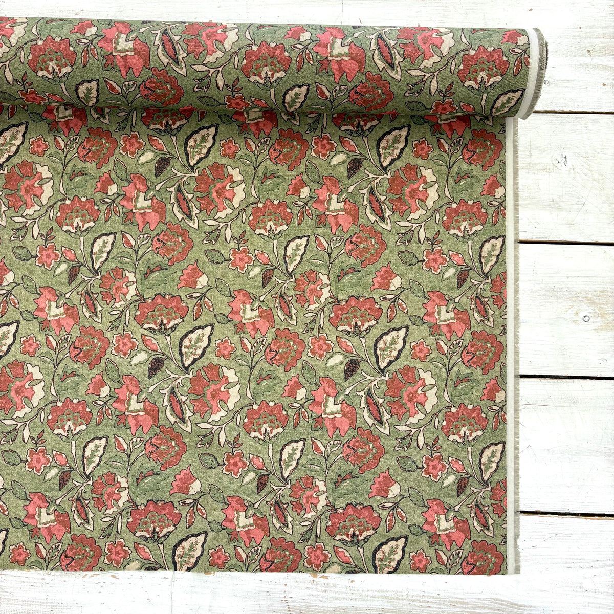 K48 Trailing Floral Block Print Style Linen Look Green Fabric Roll