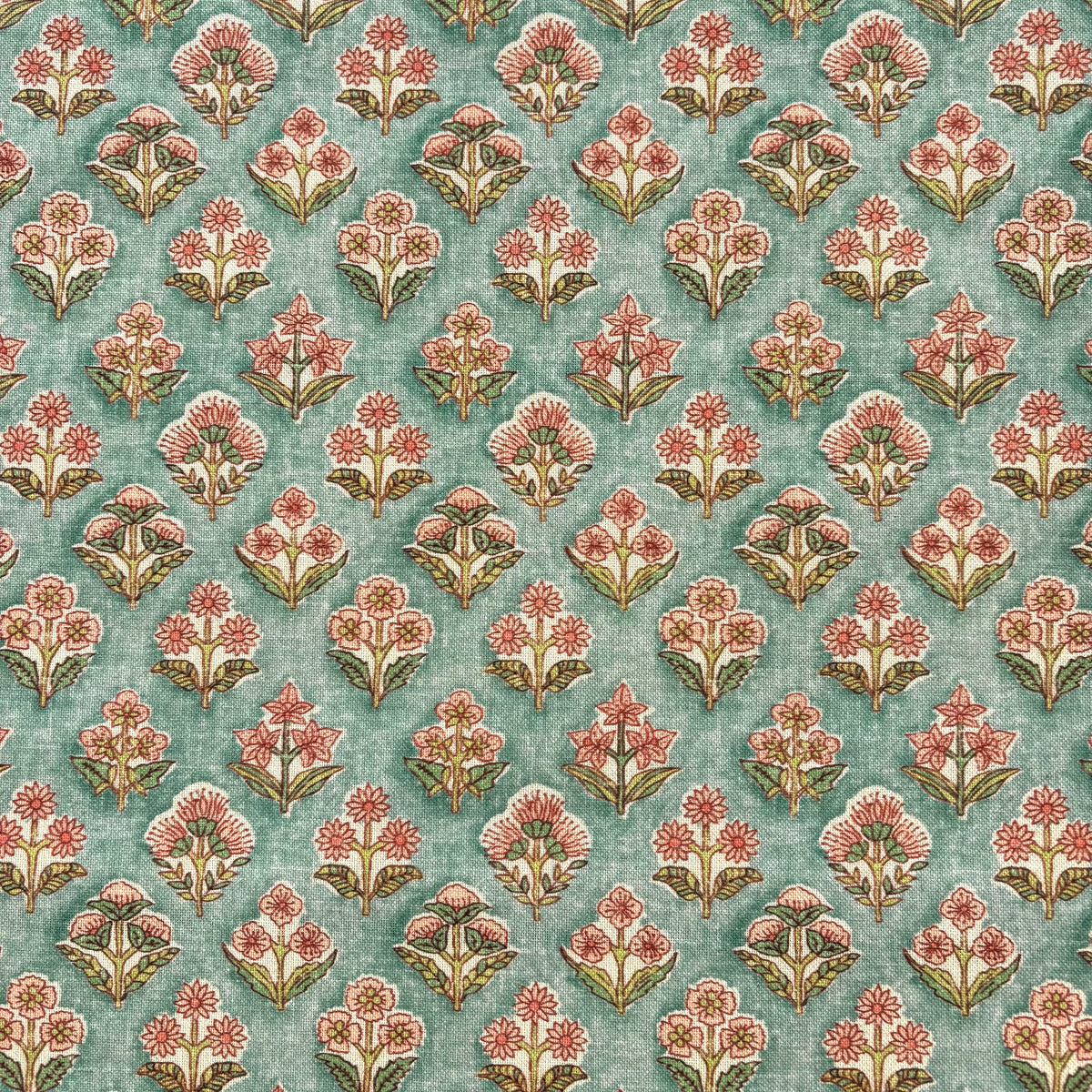 K49 Floral Block Print Style Linen Look Aqua Fabric