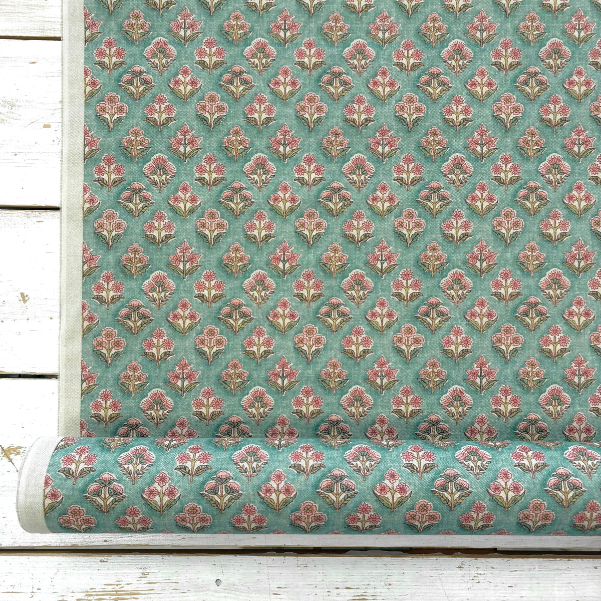 K49 Floral Block Print Style Linen Look Aqua Fabric Roll