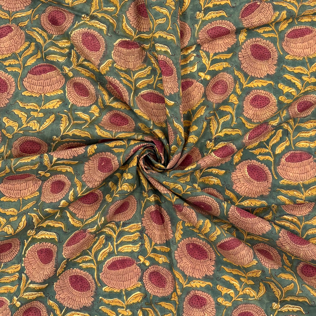 Marigold Floral Block Print Cotton Fabric, gathered, lightweight soft cotton with a traditional handcrafted Indian floral pattern