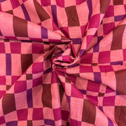 Pink blanket Check Indian Block Print Cotton Fabric gathered, lightweight 100gsm printed cotton for dressmaking, handmade gifts, crafts and soft furnishings, handcrafted using traditional Indian printing techniques.