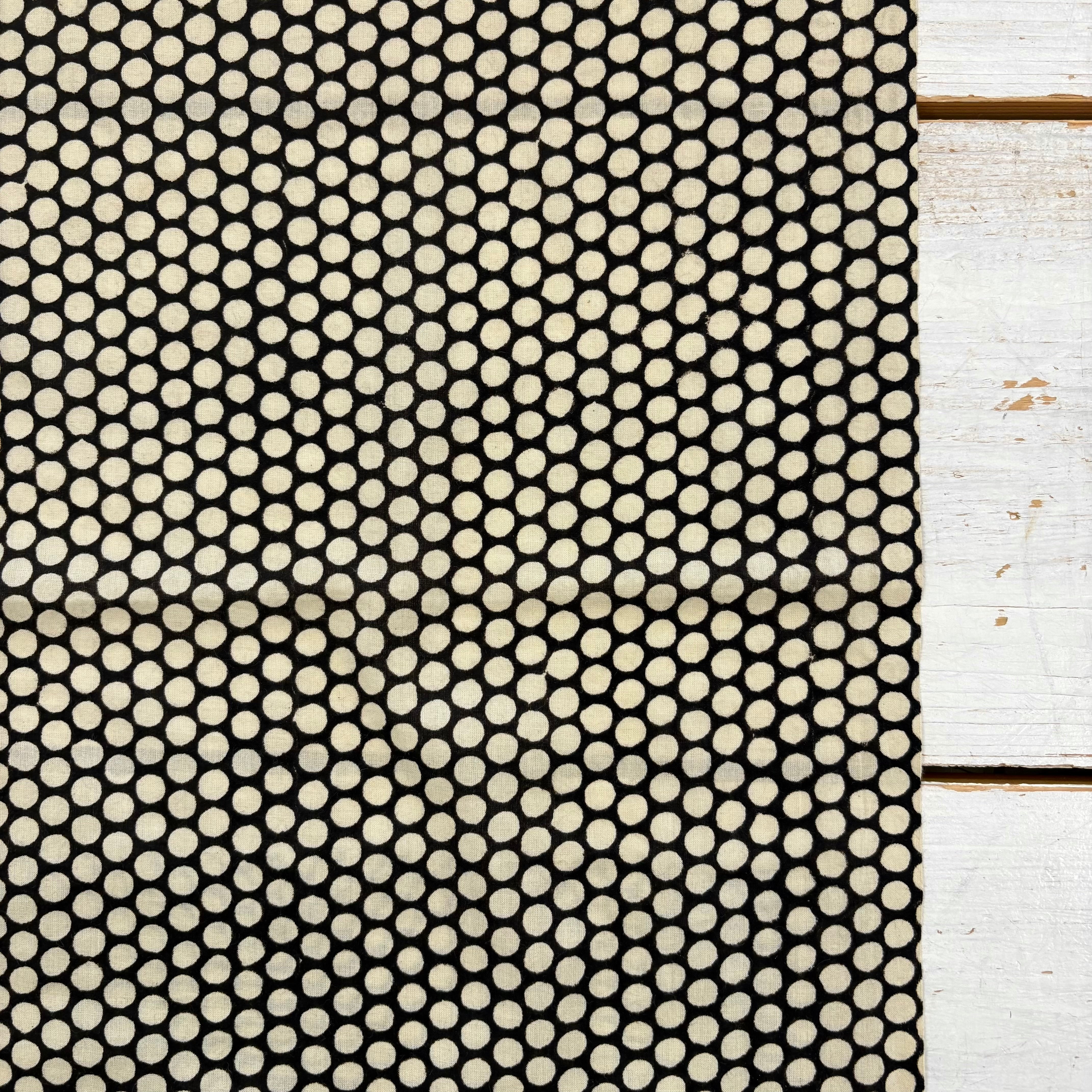 A close-up of a black mesh fabric with a repeating circular dot pattern, laid flat on a white wooden surface.