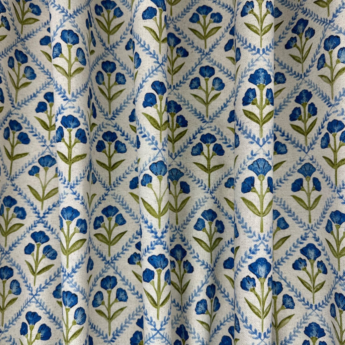 Prestigious Textiles Chatsworth Cornflower floral cotton linen fabric from the Greenhouse collection gathered
