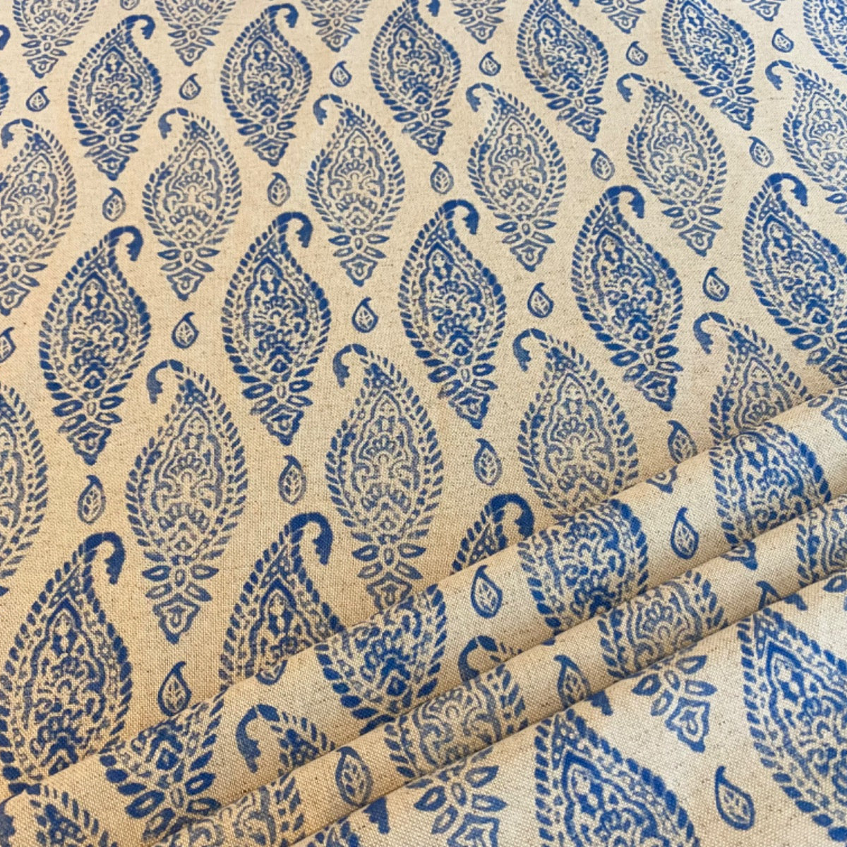 Prestigious Textiles Wollerton Cornflower paisley cotton linen fabric from the Greenhouse collection folded