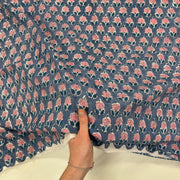 Rose Motif Floral block Print Cotton Fabric, with hand for scale, lightweight, soft cotton fabric featuring a traditional handcrafted Indian block print floral pattern, perfect for dressmaking, quilting, crafts, handmade gifts and light home décor projects.