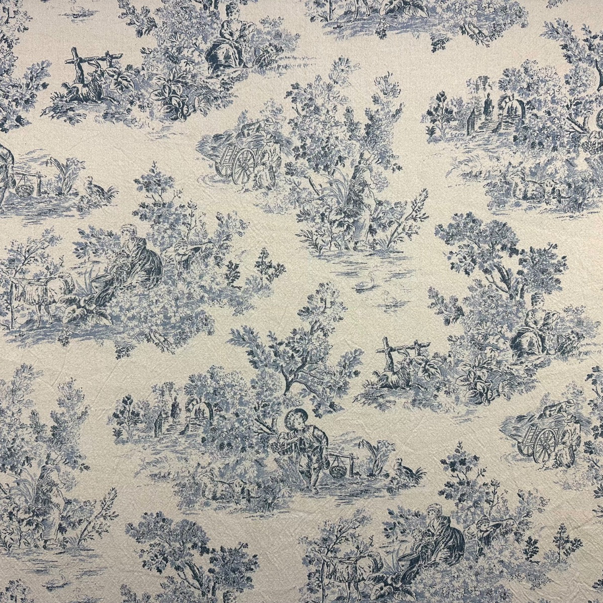 Rustic Toile Navy H412 Patterned fabric with blue design on a beige background