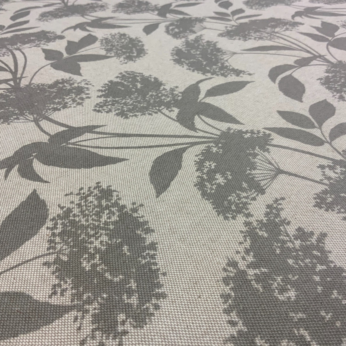 S187 Elderflower Oilcloth Taupe Fabric Close Up