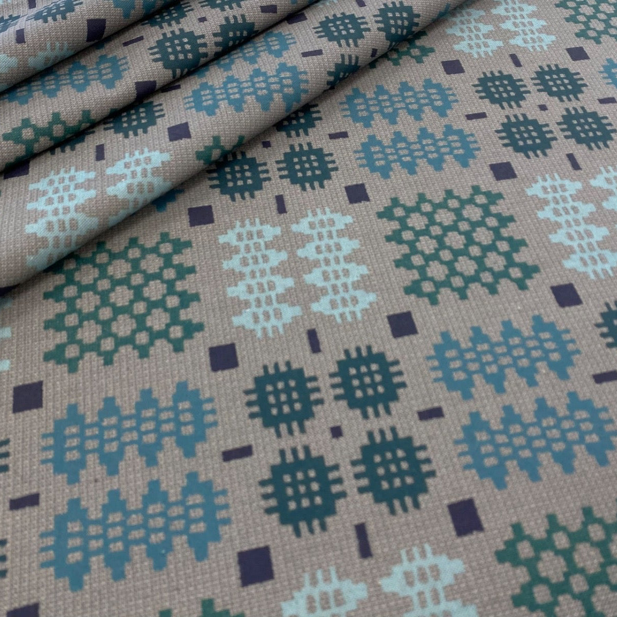 S50 Welsh Blanket Oilcloth Slate Aqua Wipeable Tablecloth Fabric Folded