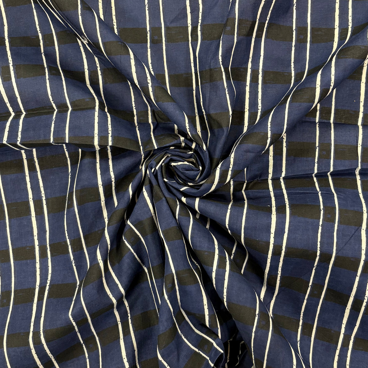 Sketch Tartan Block Print Cotton Fabric, gathered, lightweight soft cotton with a traditional handcrafted Indian tartan check pattern.