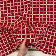 Squares Block Print Cotton Fabric, with hand for scale, lightweight soft cotton with a traditional handcrafted Indian tartan check pattern.