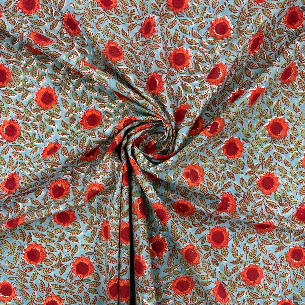 Sunflower Floral Block Print Cotton Fabric, gathered, lightweight soft cotton with a traditional handcrafted Indian floral pattern