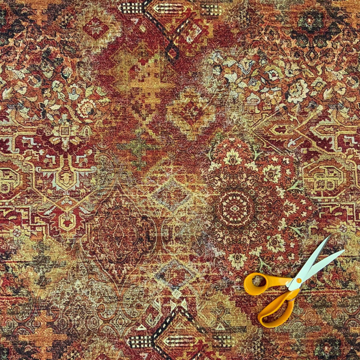 T446 Moroccan Bazaar Tapestry Rust With Scissors for scale