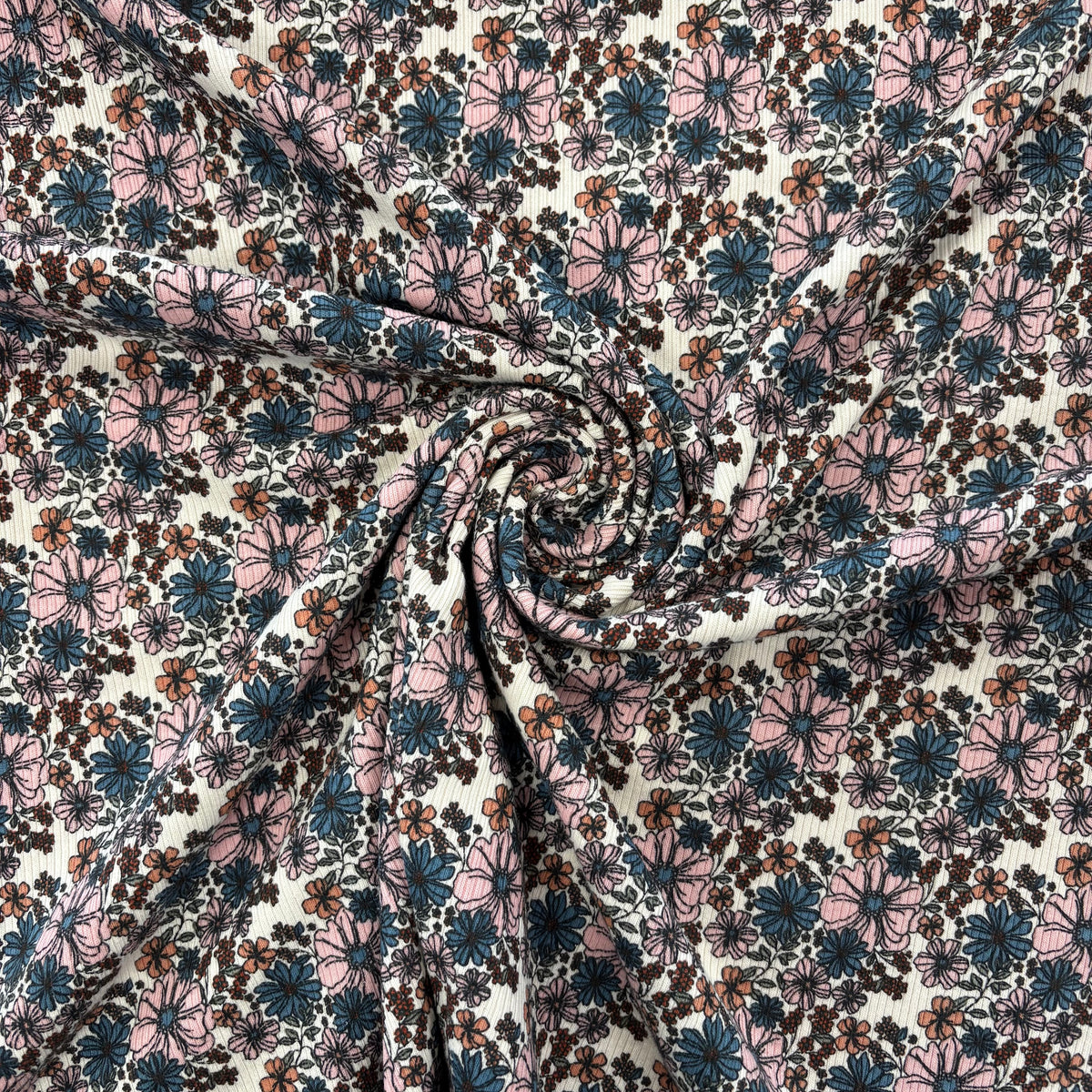 T578 Floral Ribbed Jersey Vintage Fabric Gathered