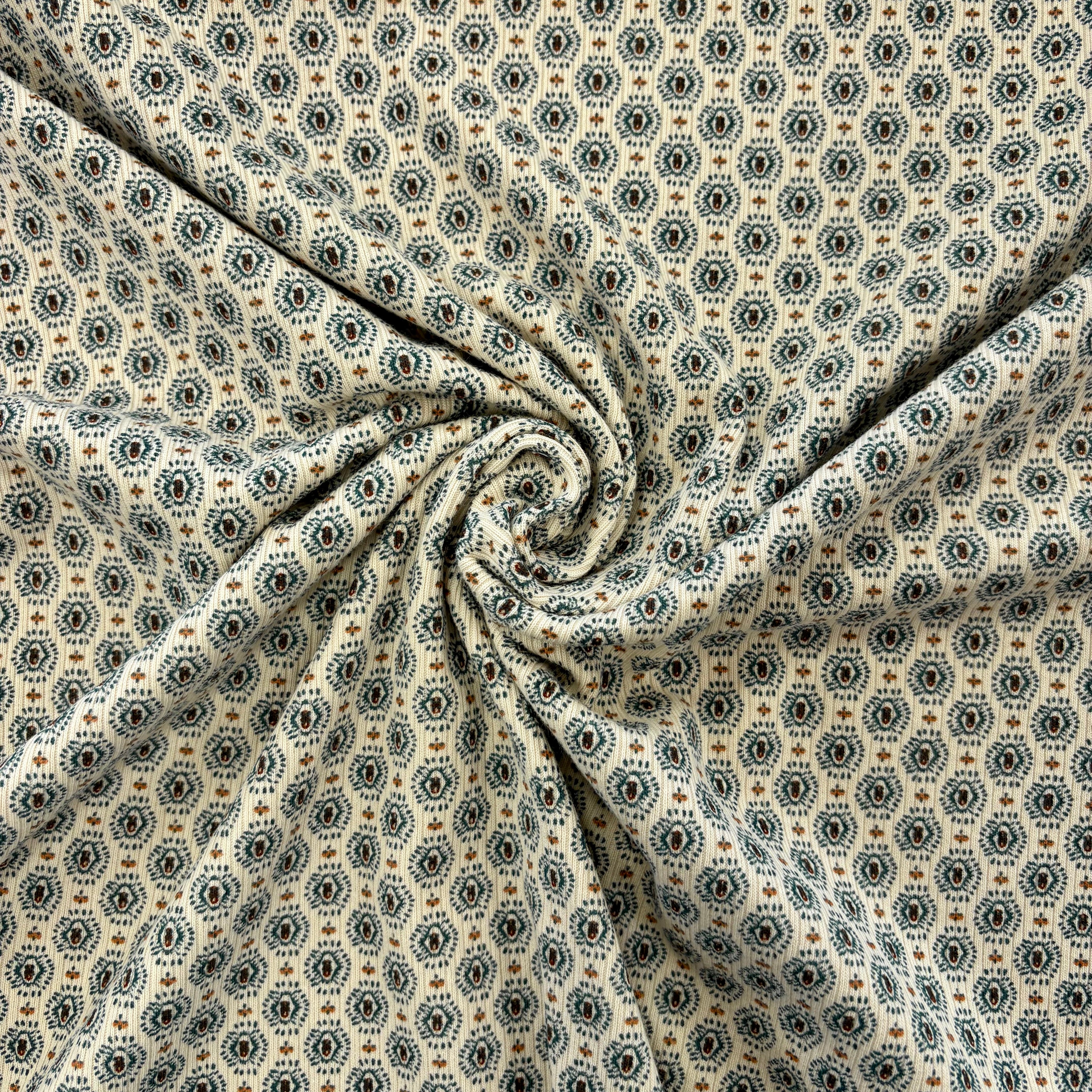 T579 Diamond Medallion Ribbed Jersey Vintage Fabric Gathered