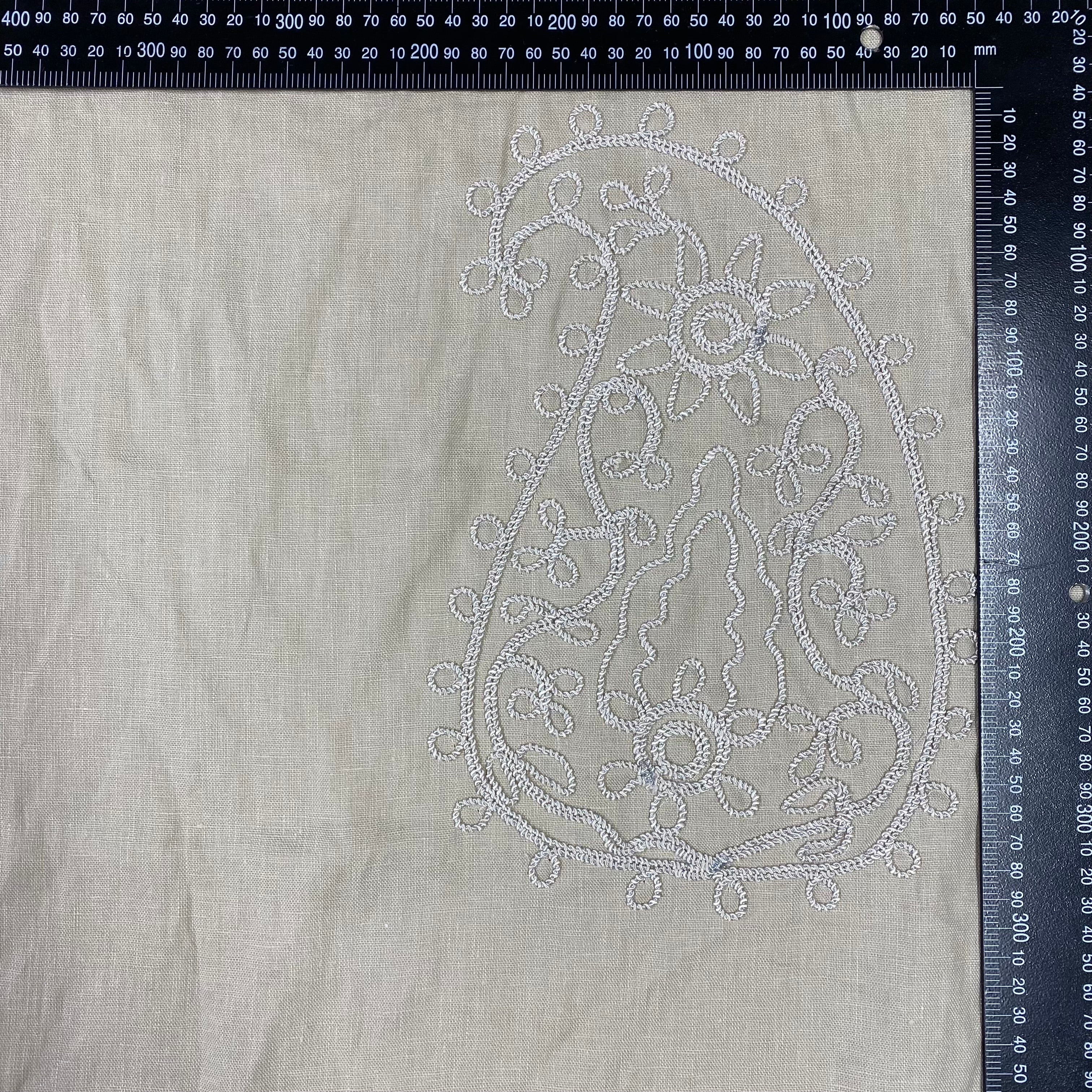 Tex Ex 2936 Embroidered Paisley Linen Natural With ruler for scale