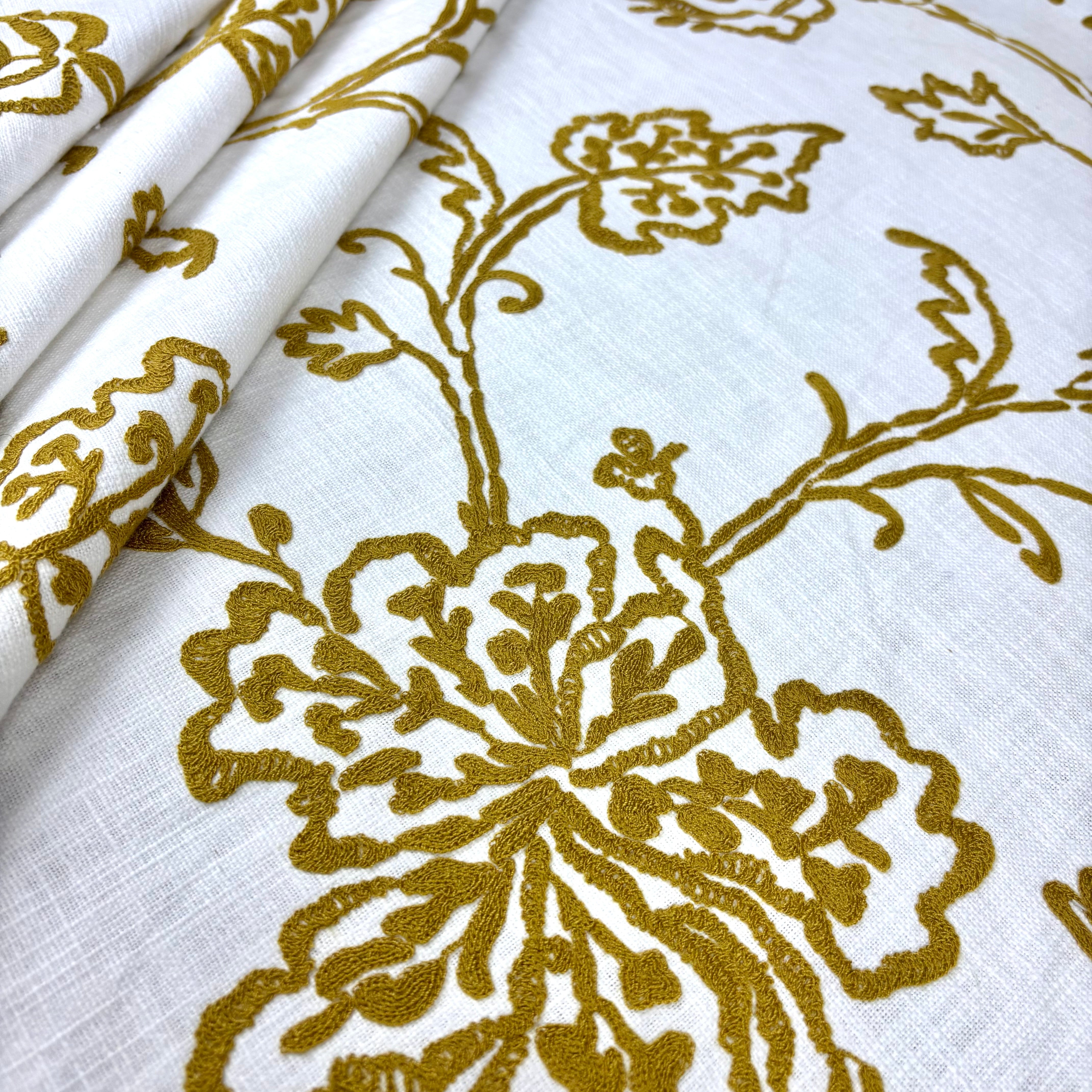 Tex Ex 2937 Embroidered Floral Linen Mustard Fabric Gathered