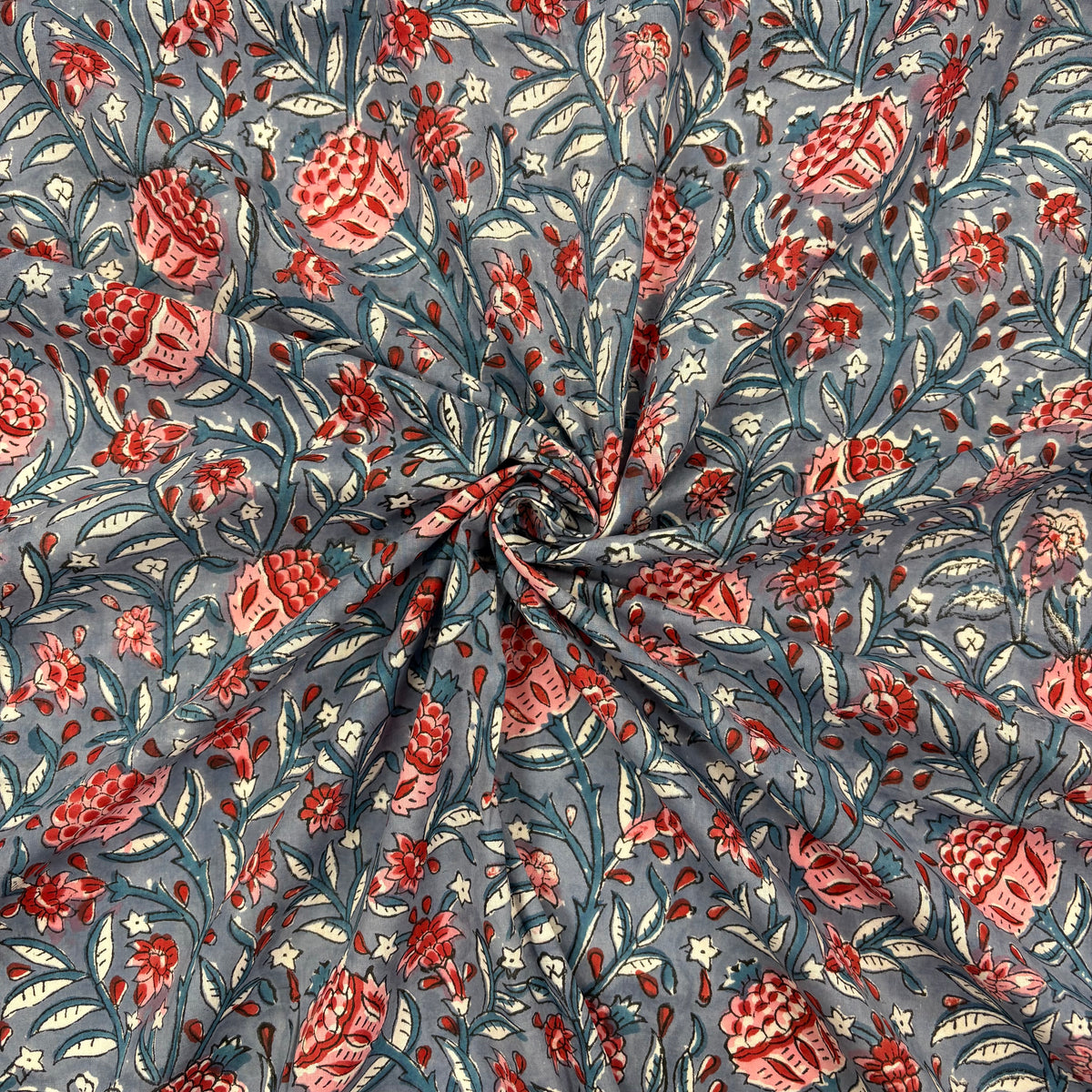 Winter Floral Indian Print Cotton Fabric, gathered, lightweight, soft cotton fabric featuring a traditional handcrafted Indian block print floral pattern, perfect for dressmaking, quilting, crafts, handmade gifts and light home décor projects.
